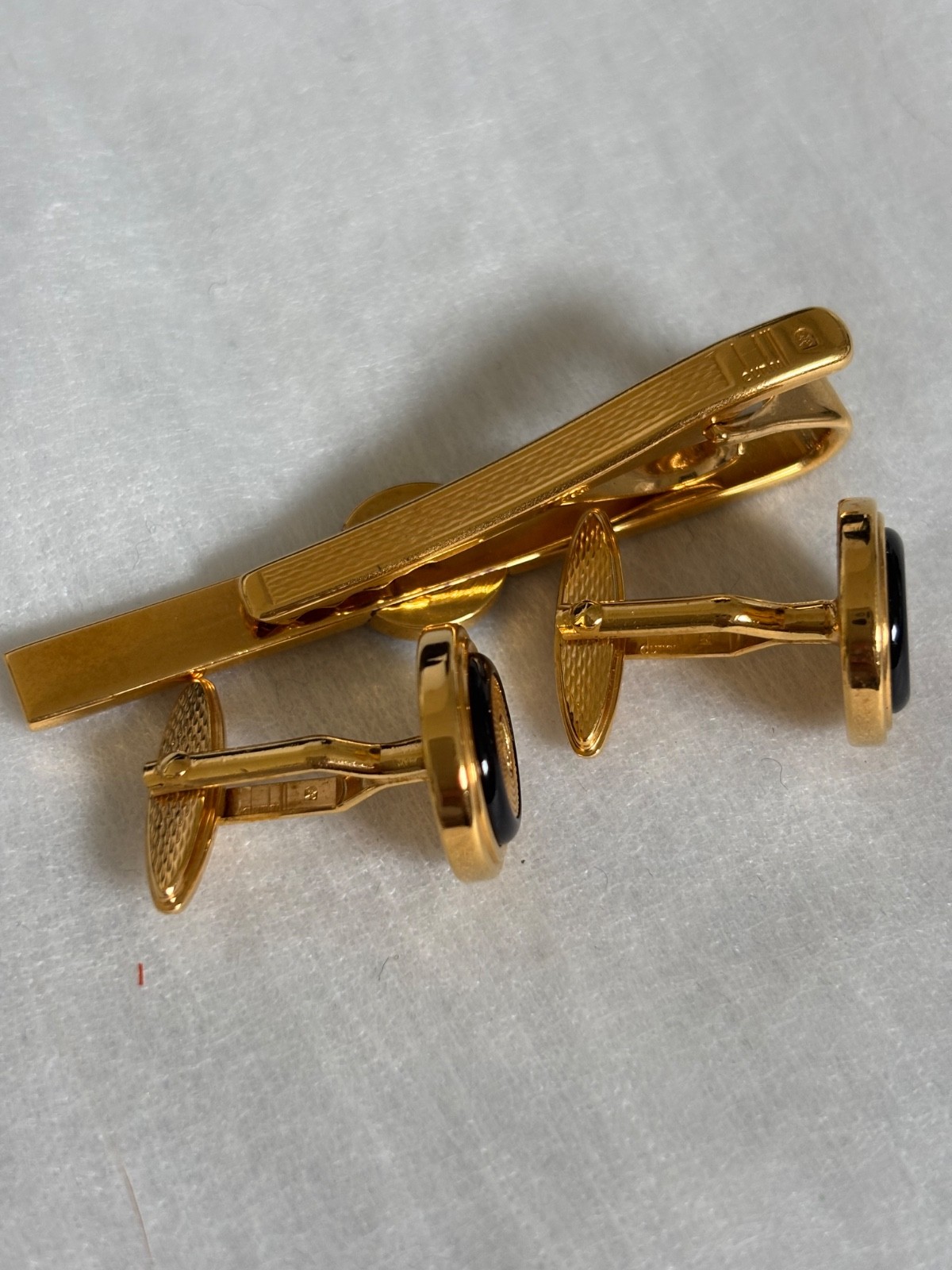 Dunhill Vintage Cufflinks Tie Clip Set Gold Tone Black Onyx Style w/ OG Box