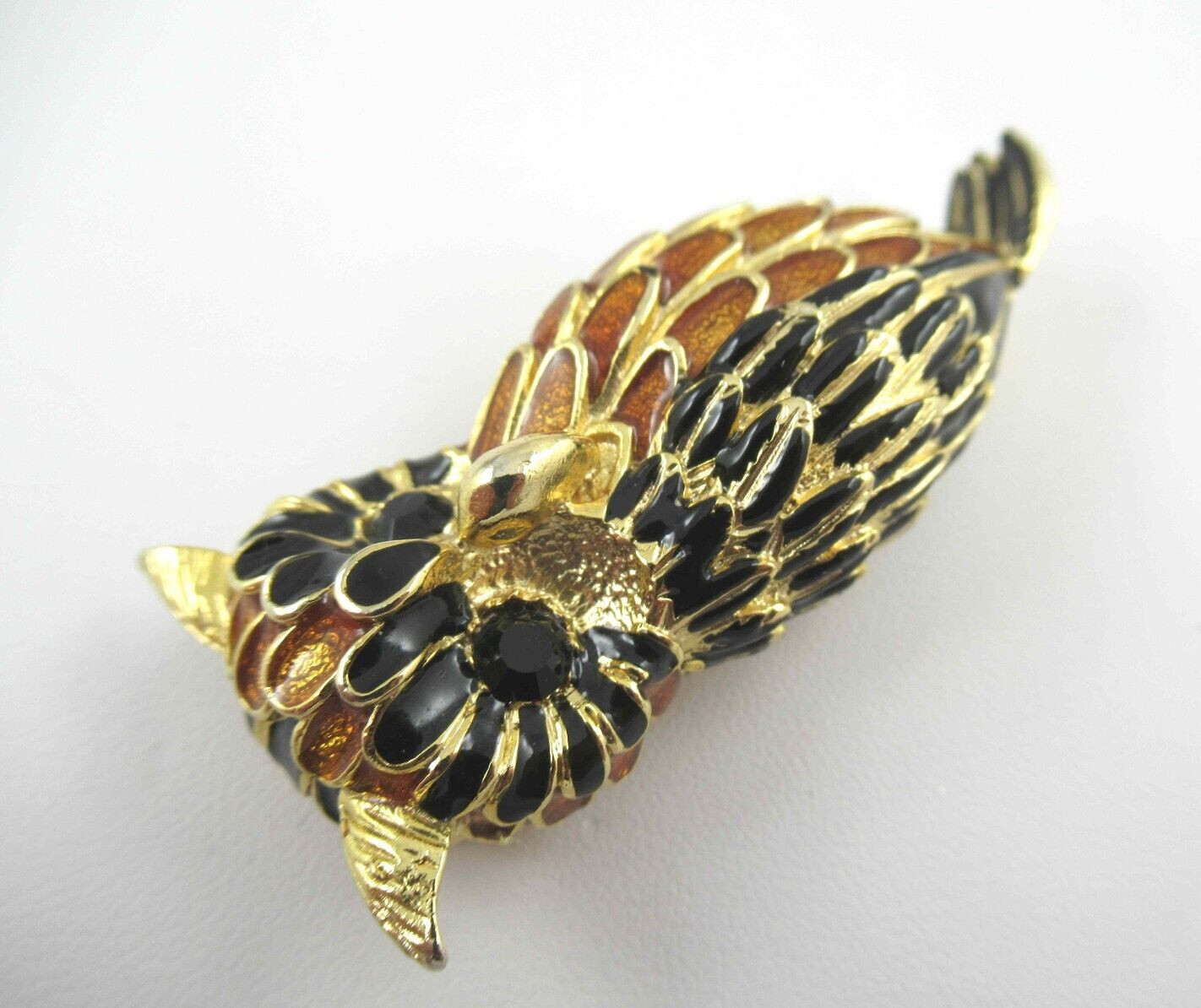 Vintage Owl Brooch Brown, Black Enamel and Gold Tone with Rhinestone Eyes