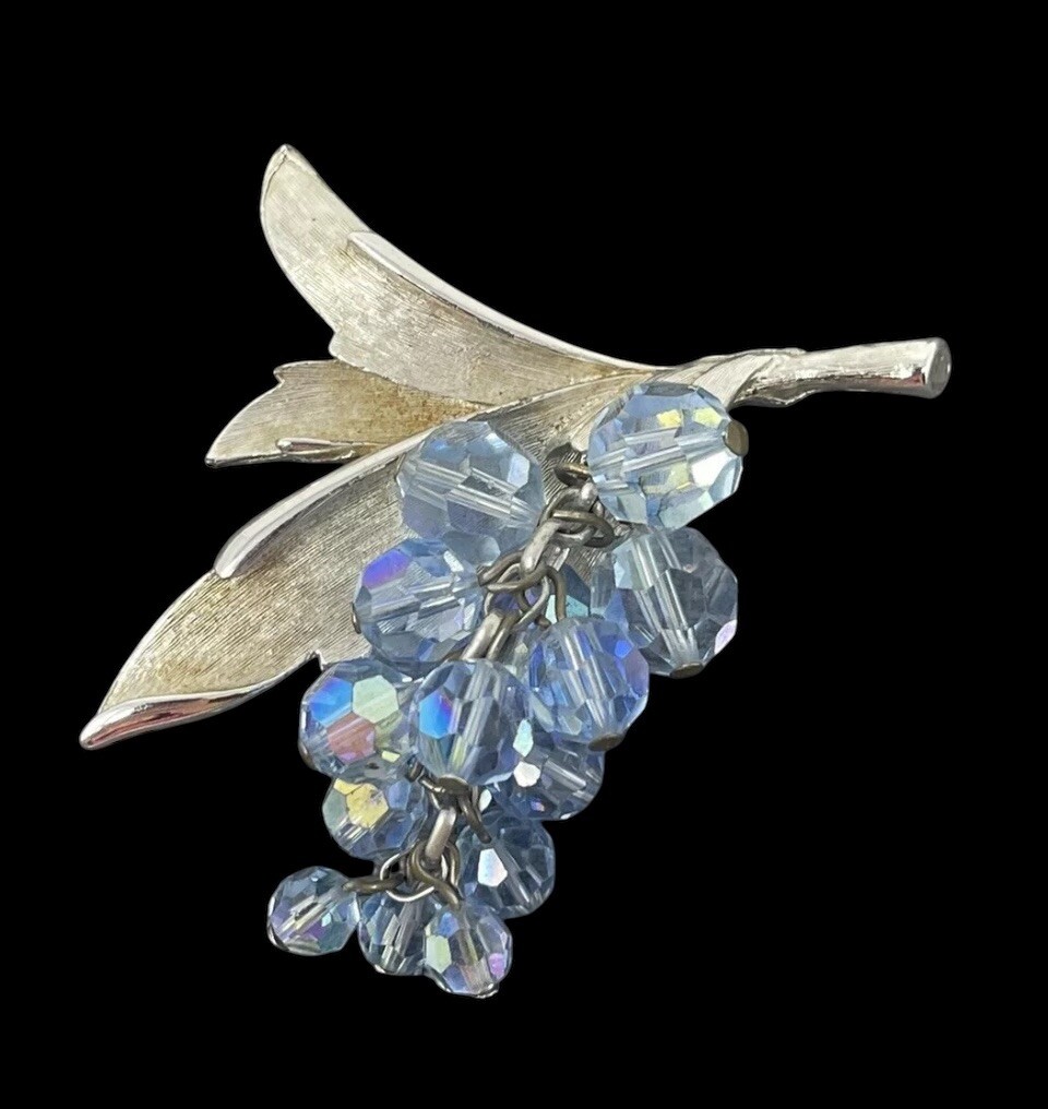 Vintage Silver Tone Blue AB Crystal Dangle Grapes Brooch Waterfall Articulating