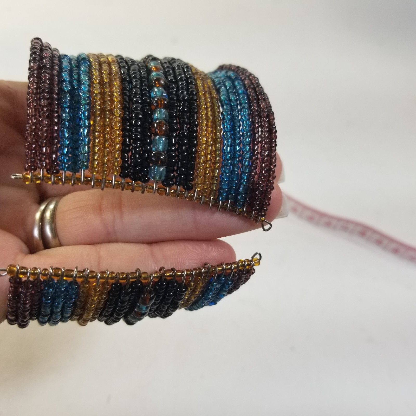 Seed Bead Cuff Bracelet Blue Yellow Black Boho Extra wide