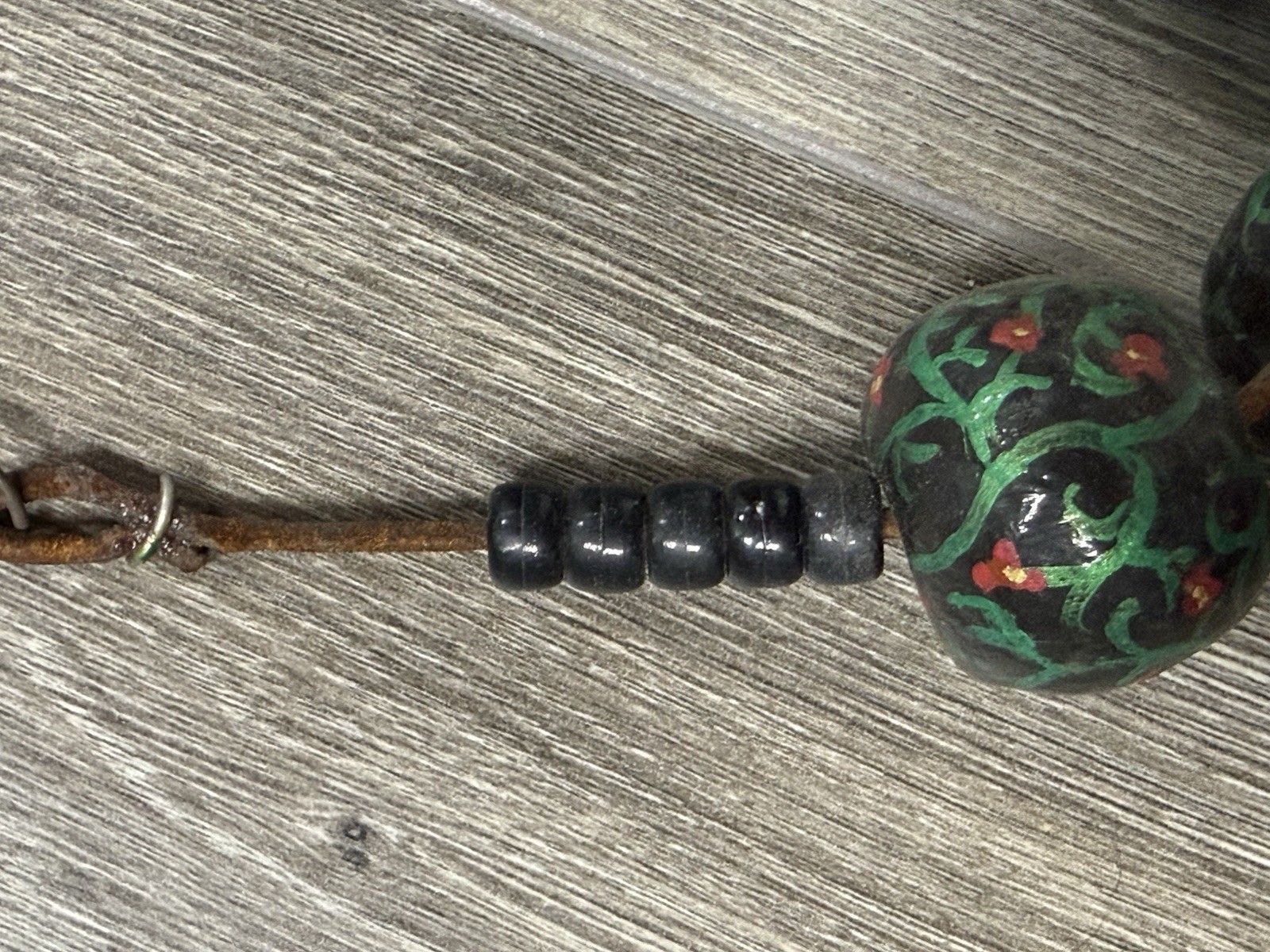 Vintage Folk Art Snake Necklace Hand Painted Beads Leather Cord Tribal Primitive