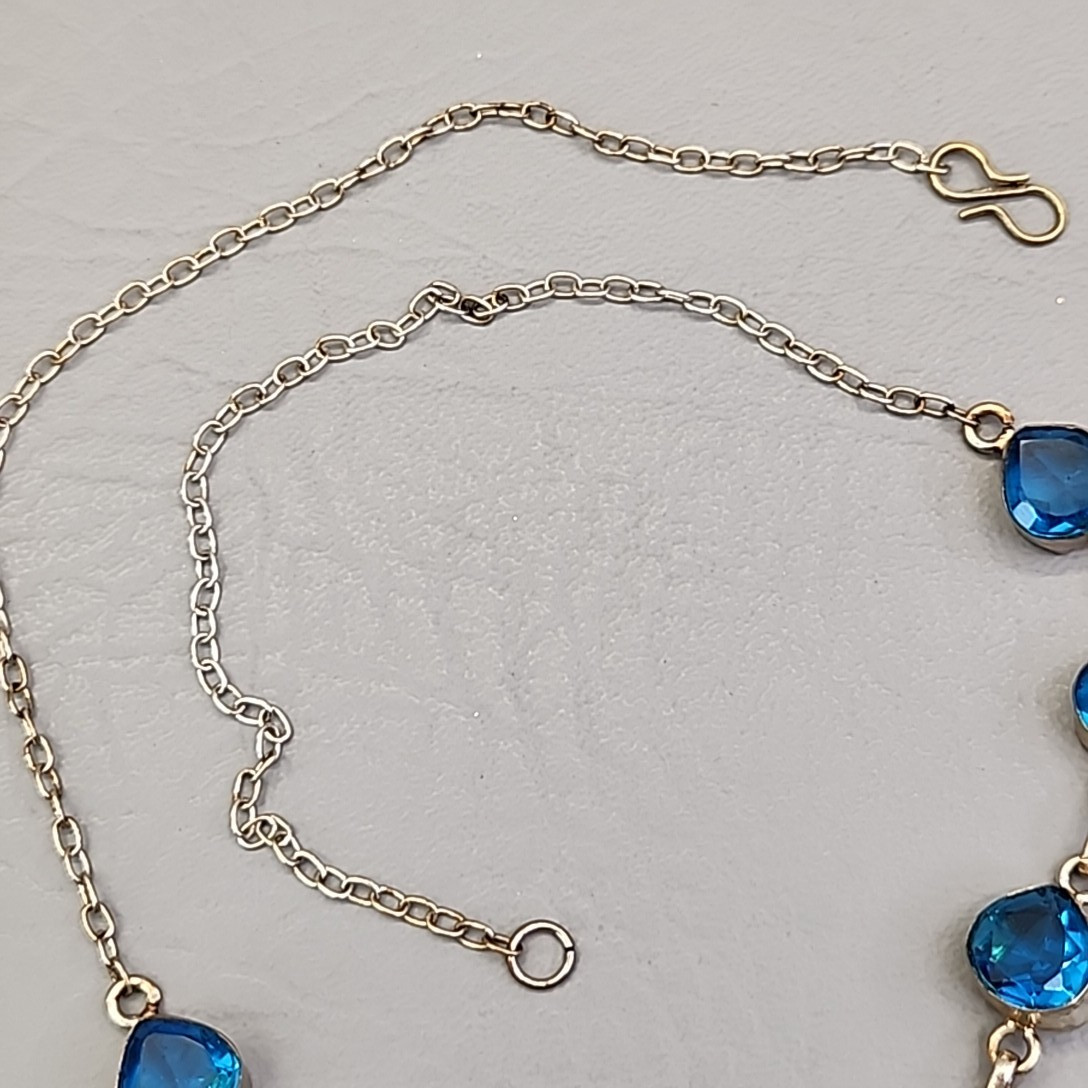 Vintage Glass Bead Necklace Blue Beads Pink Quartz Artisan Silver Tone 18.75″