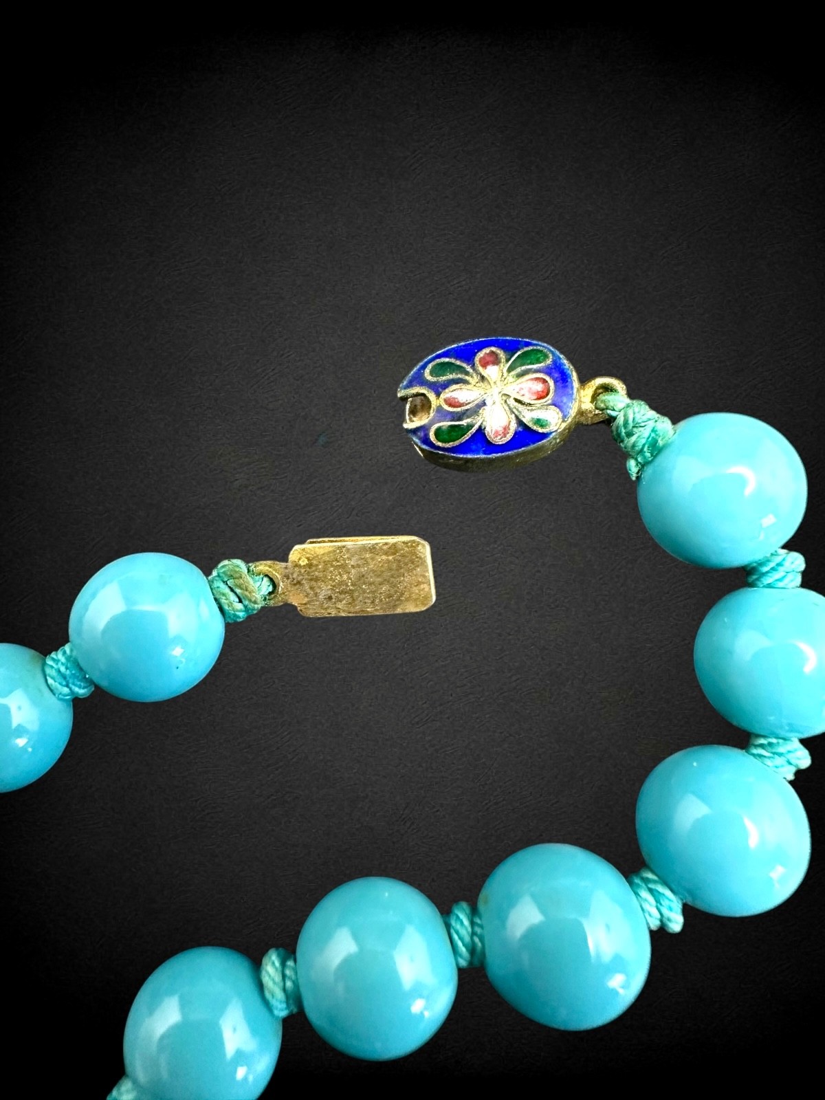 Vintage Turquoise Blue & Porcelainized Glass Bead Necklace w/ Cloisonné Clasp