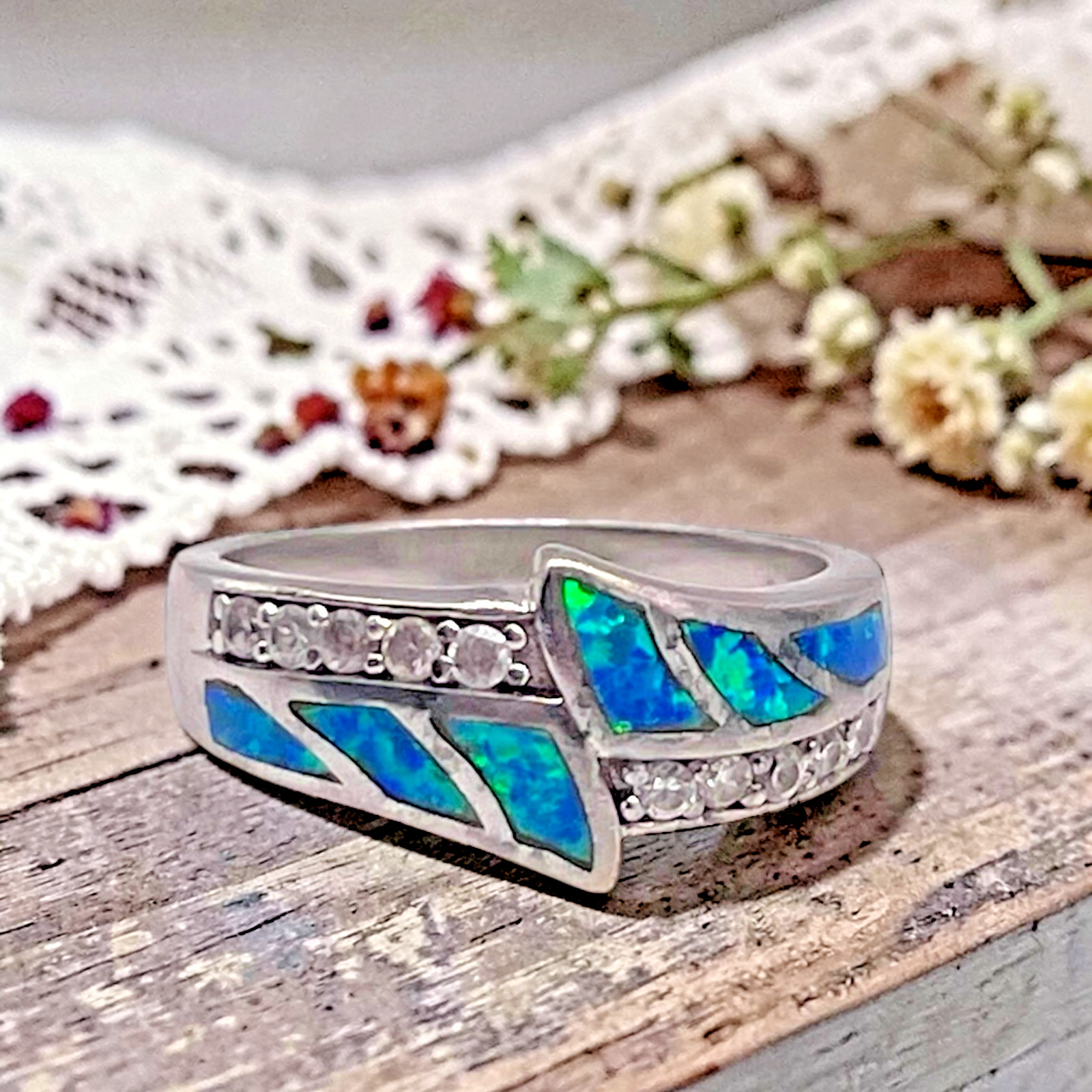 Blue Fire Opal with CZ Accents 925 Sterling Band Ring, size 8.25
