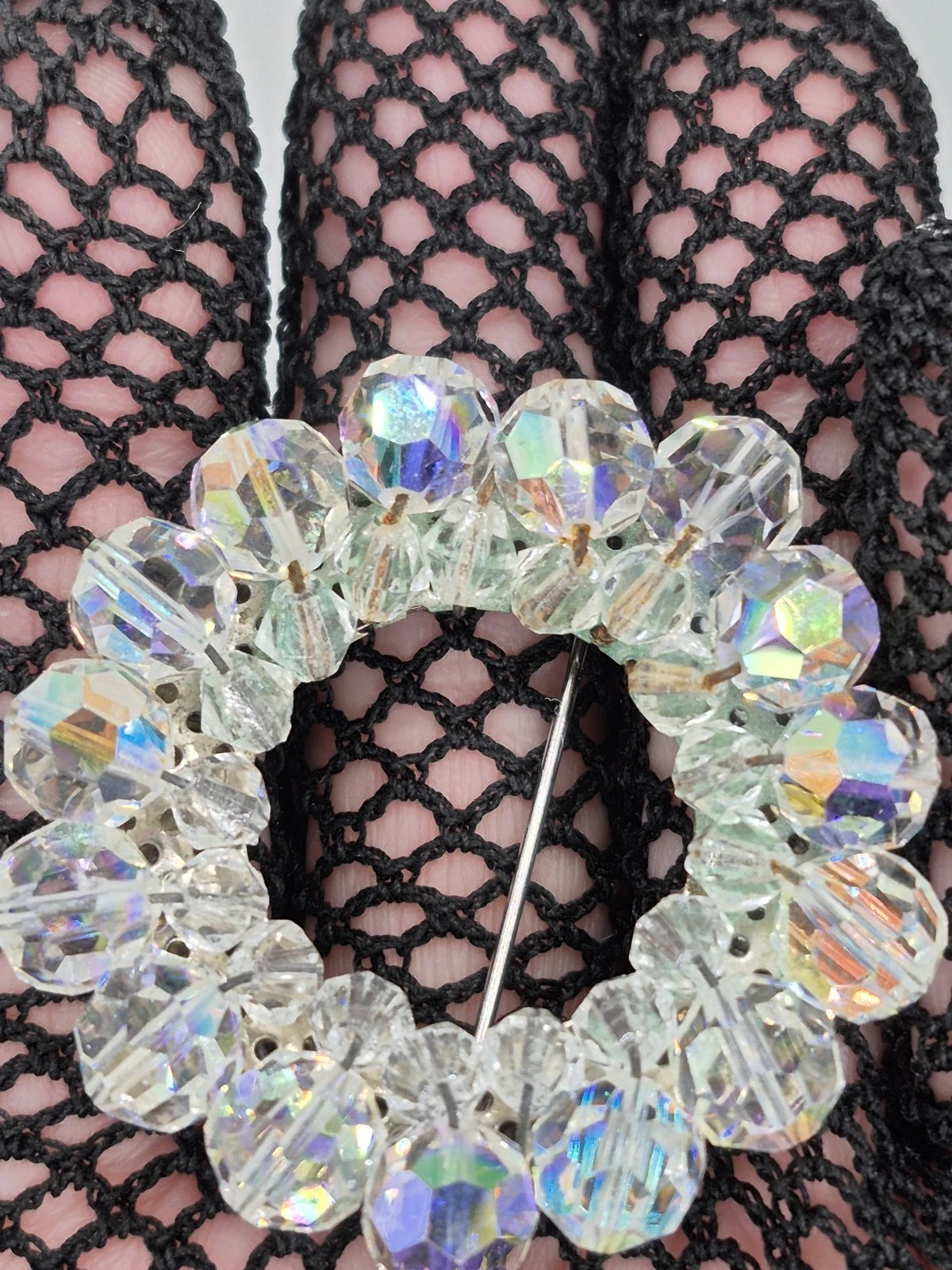 Sparkling Vintage Brooch Aurora Borealis Oval Beaded Glass Rhinestone 1950s