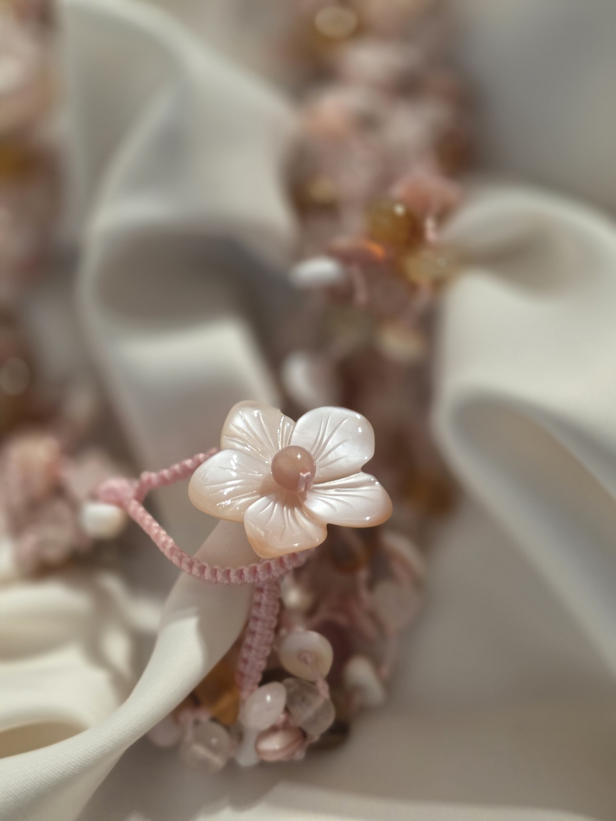 Sajen Multi Strand Gemstone Whimsical Statement Necklace Shell Rose Quartz