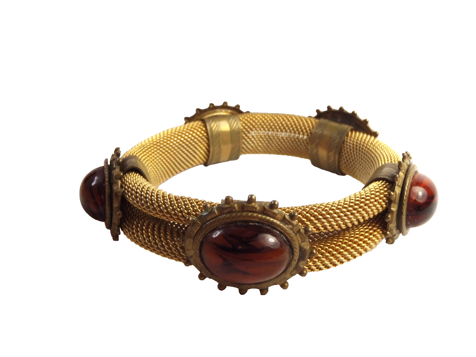 Estate Vintage Gold Toned Mesh Bangle Bracelet With 5 Stones 76 Grams 7 1/2″