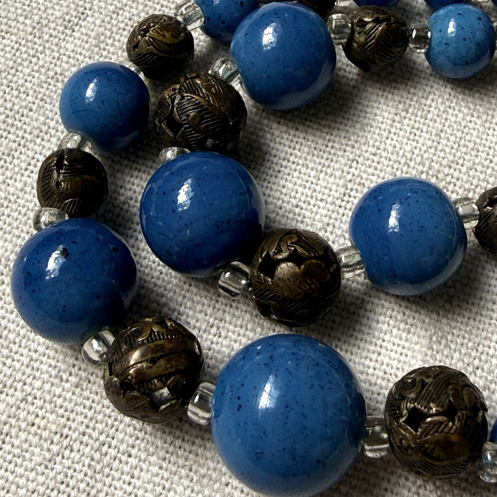 Art Deco Czech Blue Glass Double Strand Necklace Filigree Beads 19”