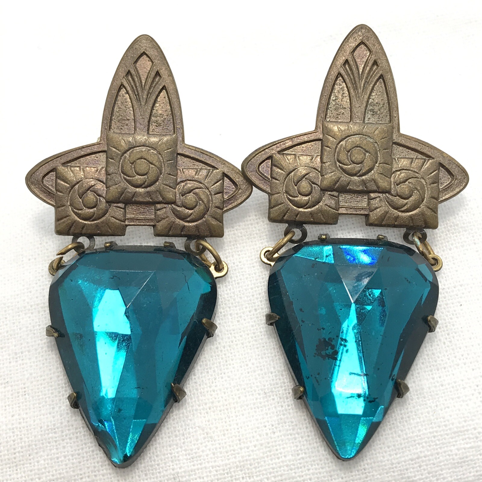 Vintage Glass Works Studio Teal Color Glass & Brass tone Pierced Earrings
