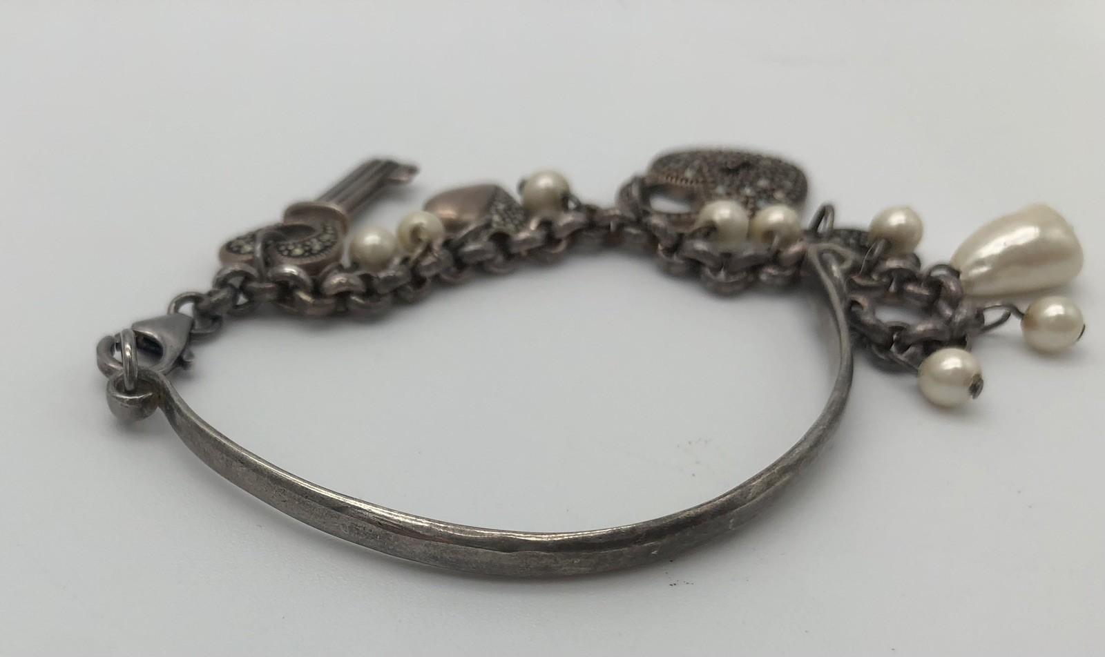 Vintage Sterling Silver Heart And Key Charm Bracelet Marcasite Stones Faux Pearl