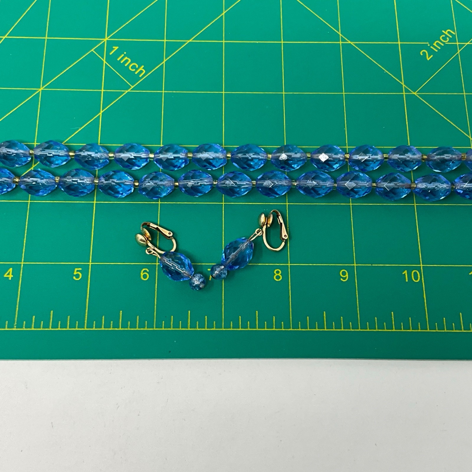 Vintage 20″ Faceted Blue Glass Bead Necklace and Dangle Clip Earrings Set