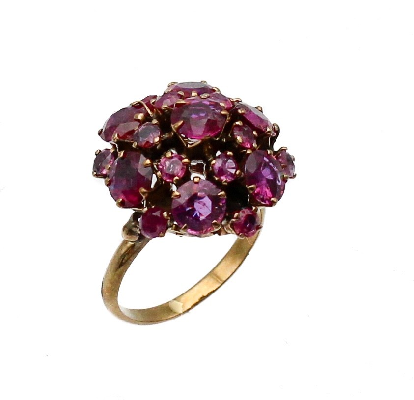 Vintage Ruby / Pink Sapphire Dome Cluster Cocktail Ring 14K Yellow Gold Sz 5