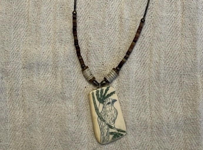 Bird On Fir Tree 1.5” Scrimshaw Necklace Vintage Heishi & Silver Tube beads 17”