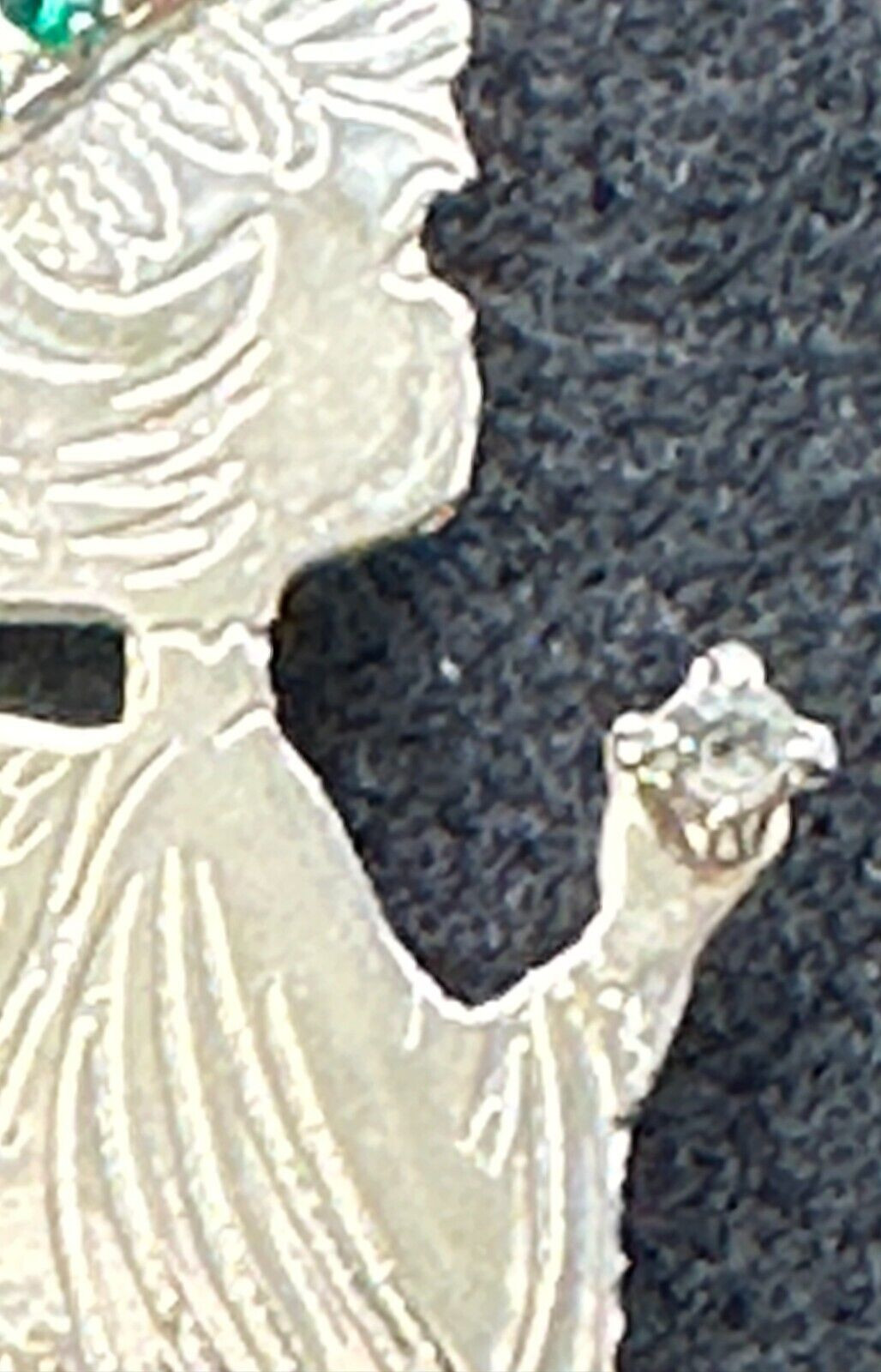 Praying Angel Etched Silver Tone May Green Birthstone Rhinestone Halo Brooch Pin