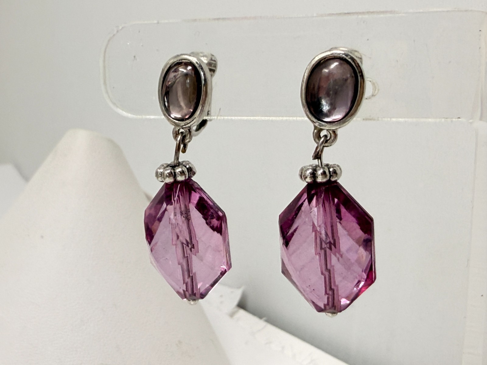 Purple Cabochon Acrylic Crystal Silver Tone 1.5″ Drop Dangle Clip on Earrings