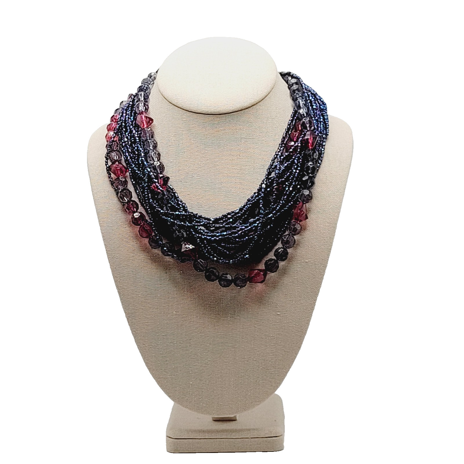 Purple and Deep Blue Iridescent Twist Multi Strand Glass Beaded Vintage Necklace