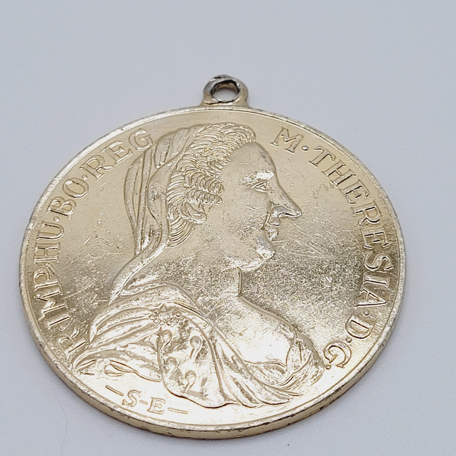 Maria Theresa Replica Token Medallion Coin Pendant Gold Tone Attached Bail