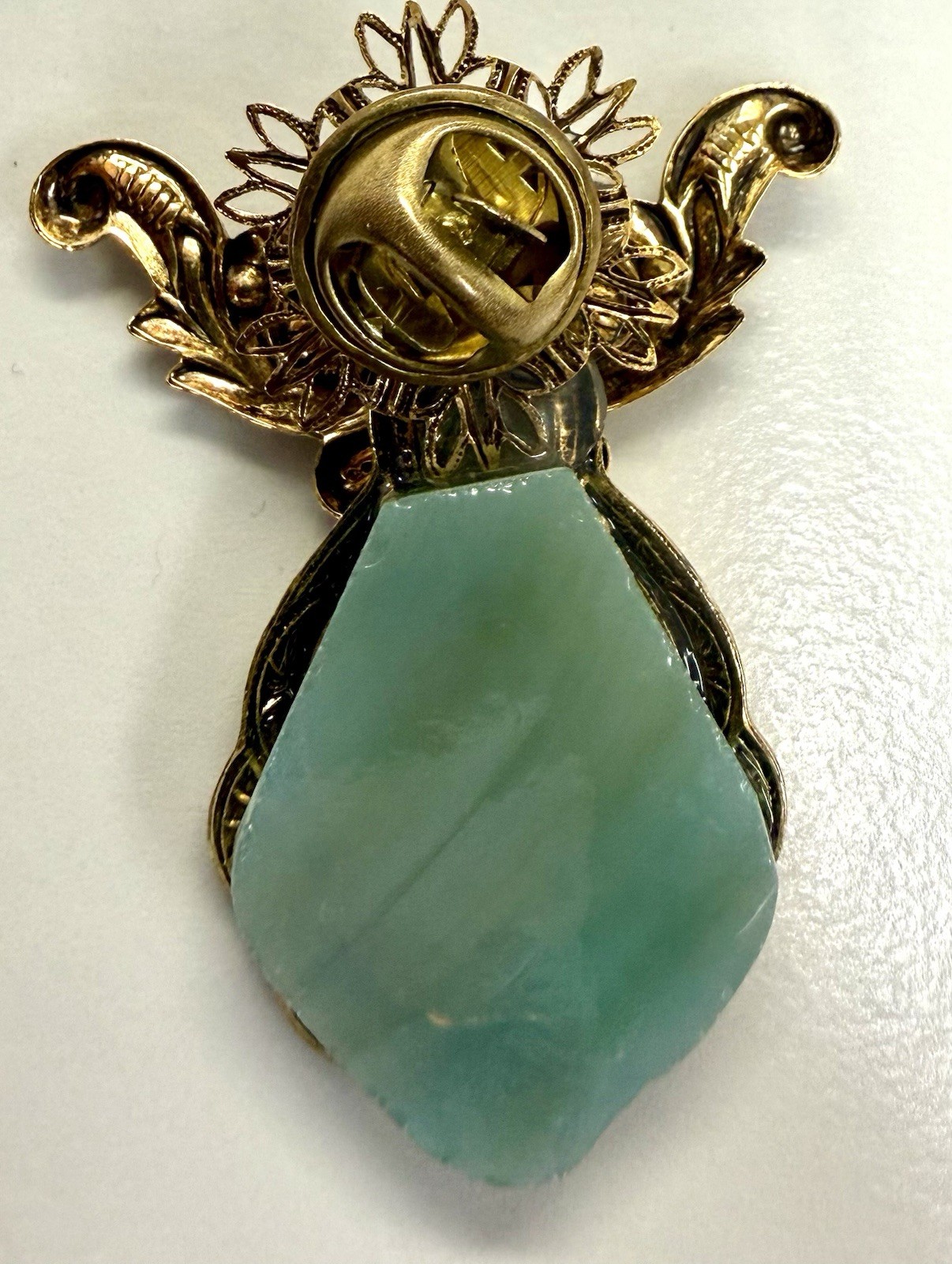 Vintage Faux Jade Art Glass Fur Clip Dress Clip Gold Tone Pearl Ornate Brooch