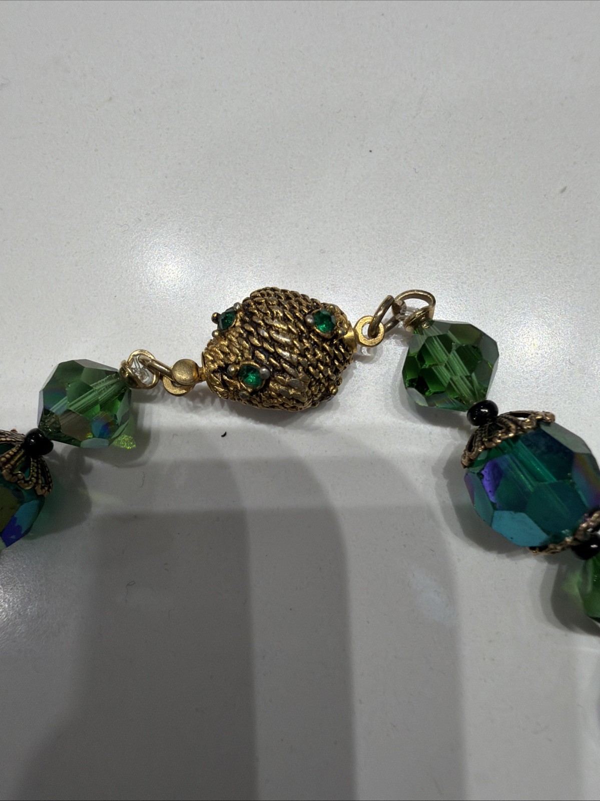 Vintage Vendome teal green crystal and beaded 22” necklace Clip On earrings set