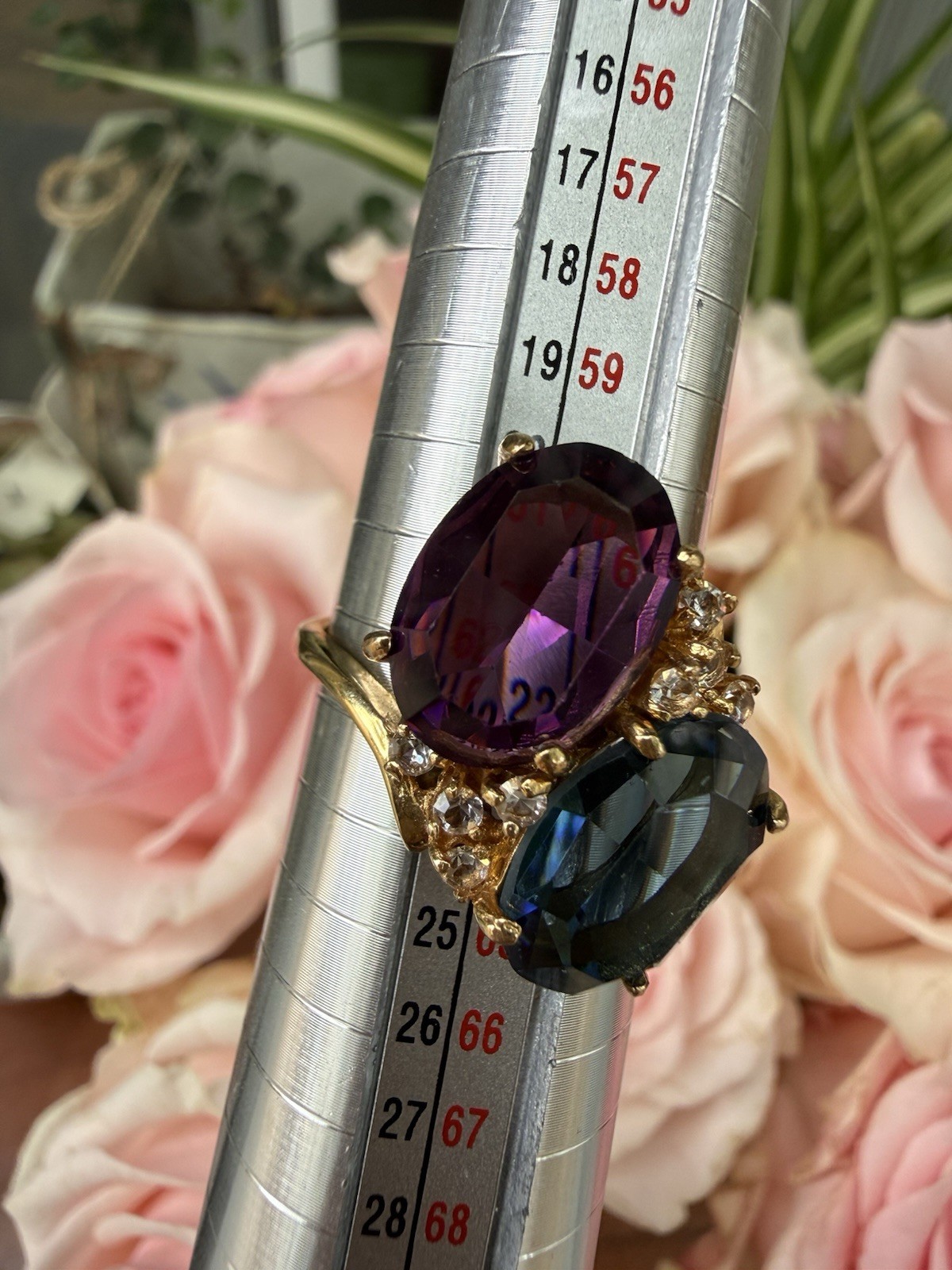Vintage Multi stone Cocktail Ring Gold Plated Purple And Blue Cz Size 10