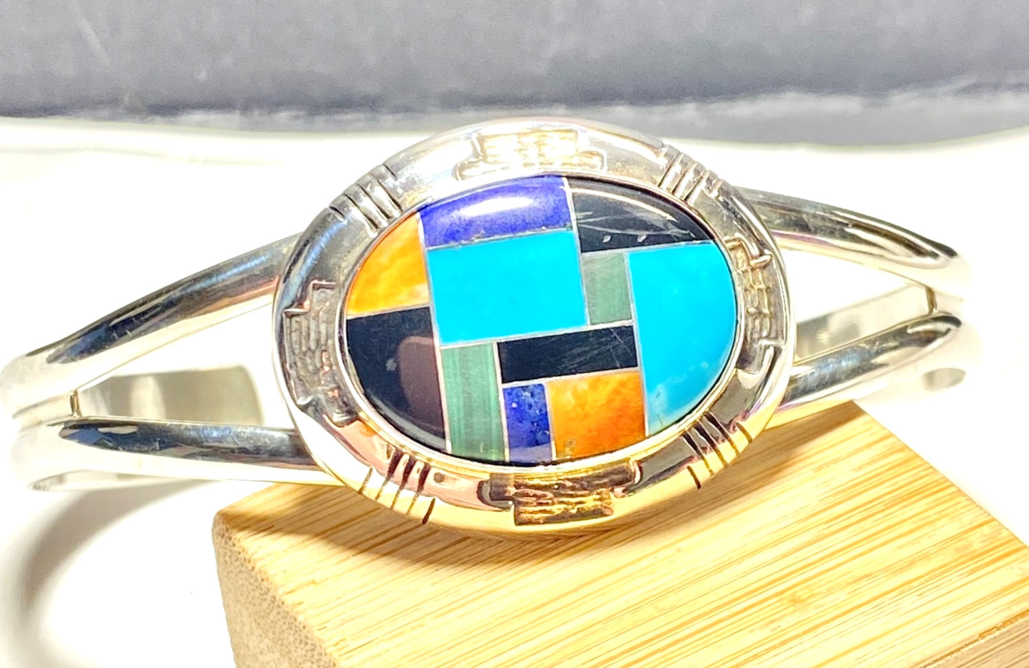 Vintage Sterling Multi-gem Inlay Carolyn Pollack Cuff Bracelet 2 1/2″ 2.5″