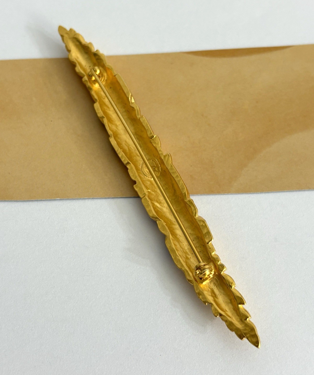 Vintage Karl Lagerfeld Wheat Brooch Brushed Matte Gold Tone Finish Red Enamel