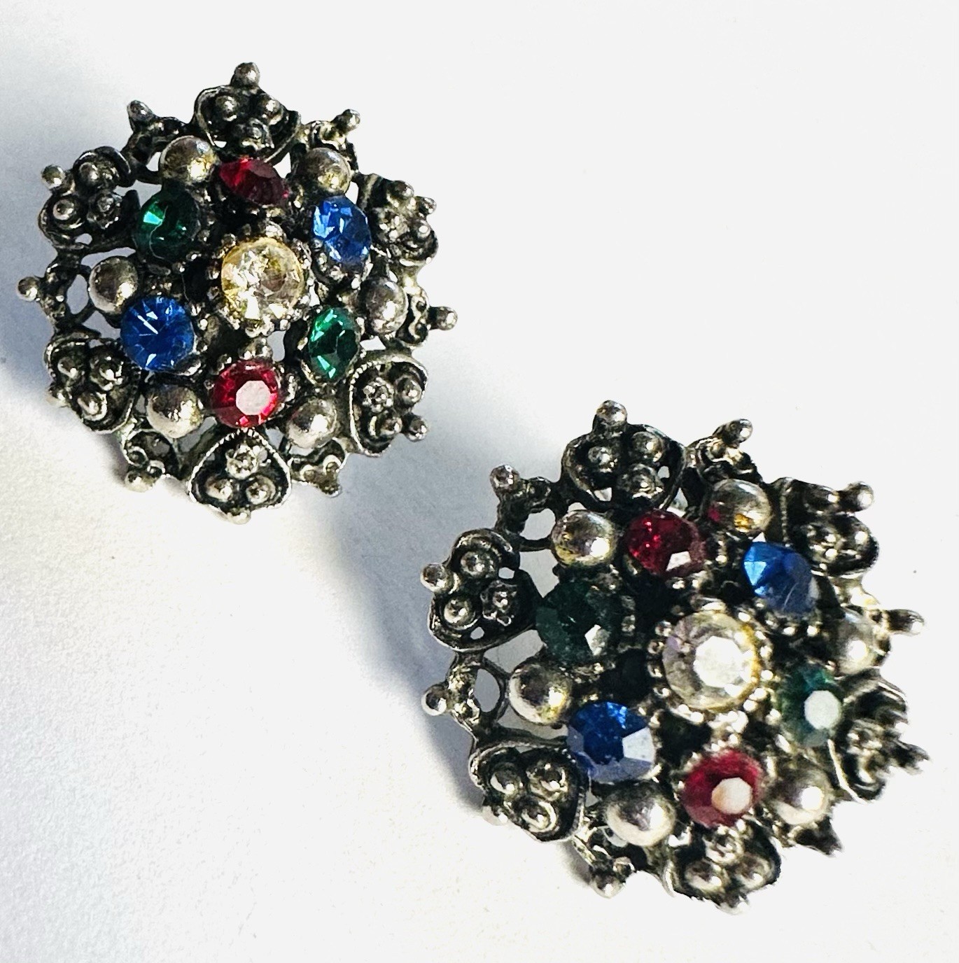 VTG Rhinestone Blue Red Green Silver Tone Earrings 1950s 1960s Vivid
