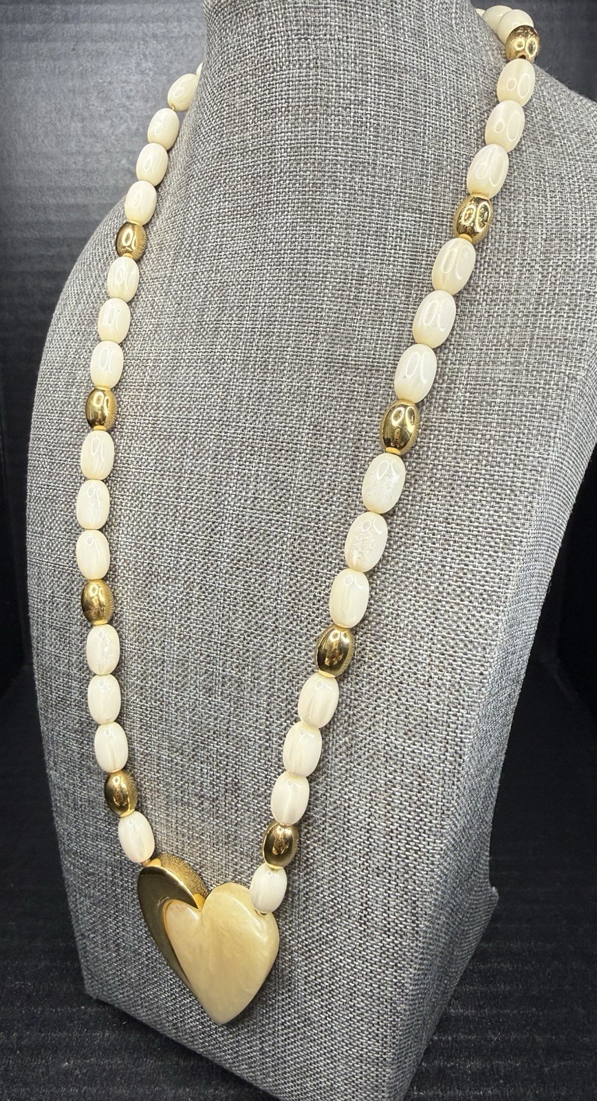 Vintage Napier Beige Lucite Bead Necklace with Cream and Gold Heart Pendant