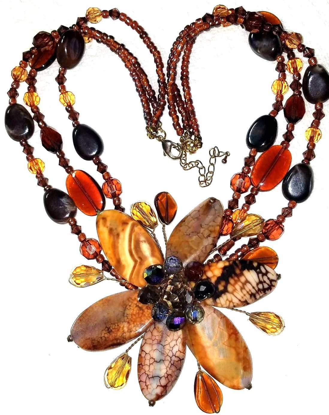 VINTAGE STUNNING 3 STRAND AMBER COLOR GLASS CRYSTAL FLORAL NECKLACE