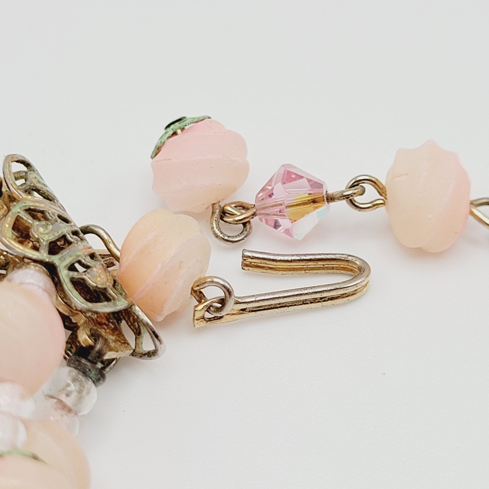 Triple Strand Glass Pink Rosette Green Bottom Rosebuds Bicone Crystal Necklace