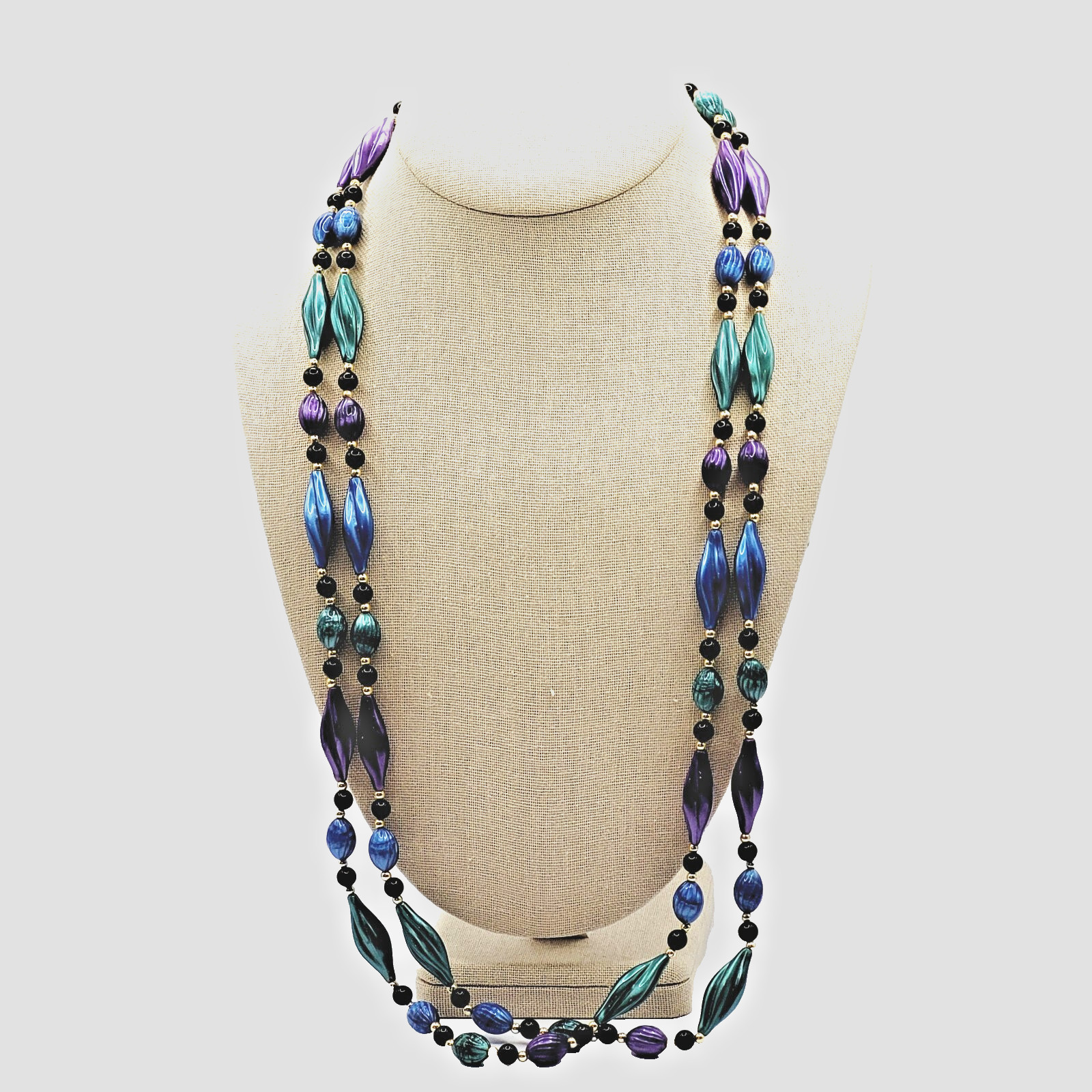 Peacock Colors Purple & Blues Gold Tone Acrylic Lucite Beaded Vintage Necklace