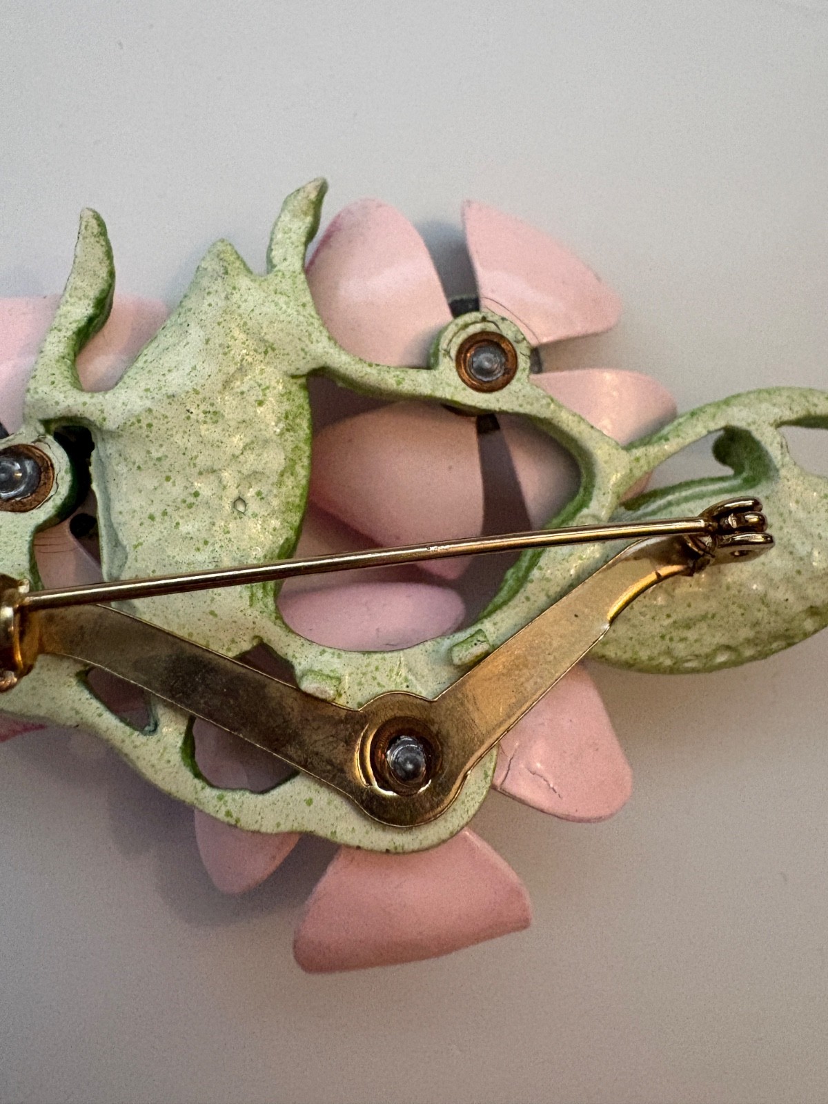 Vintage Pink and Green Enamel Dogwood Flower Brooch