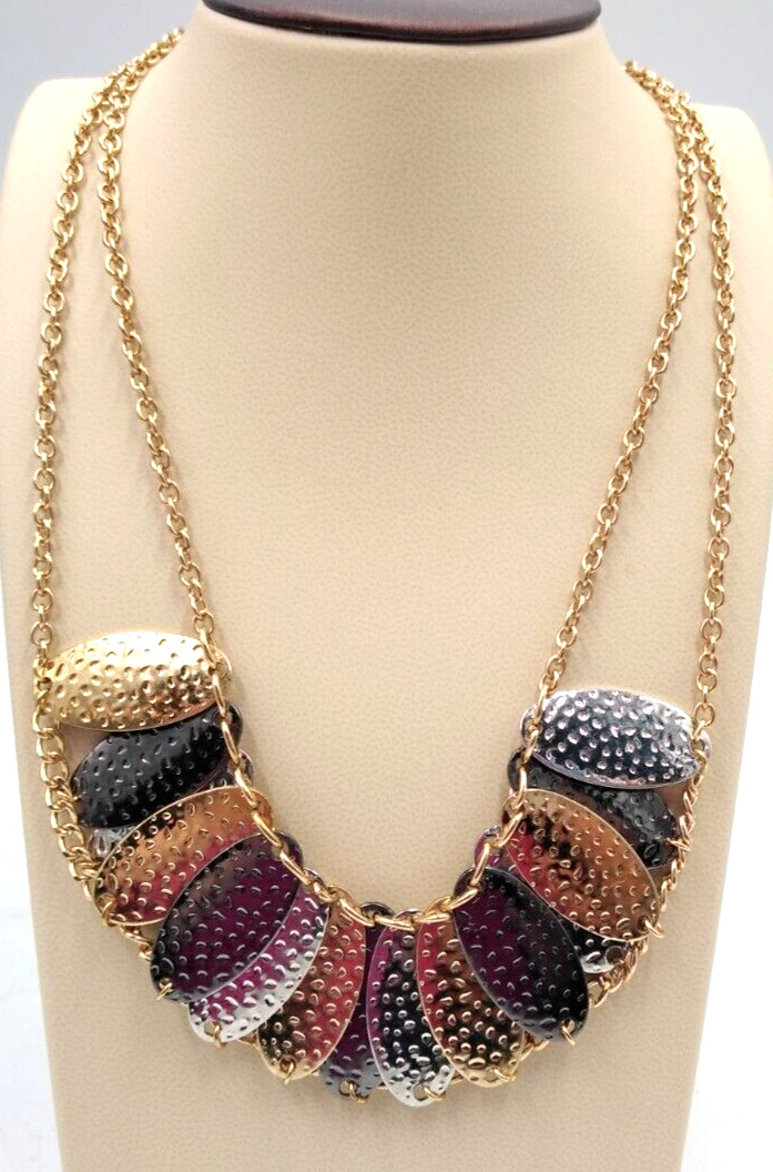 VTG 1980’s Gold, Silver, Copper Tone 18″ Double Chain Pendant Bib Necklace