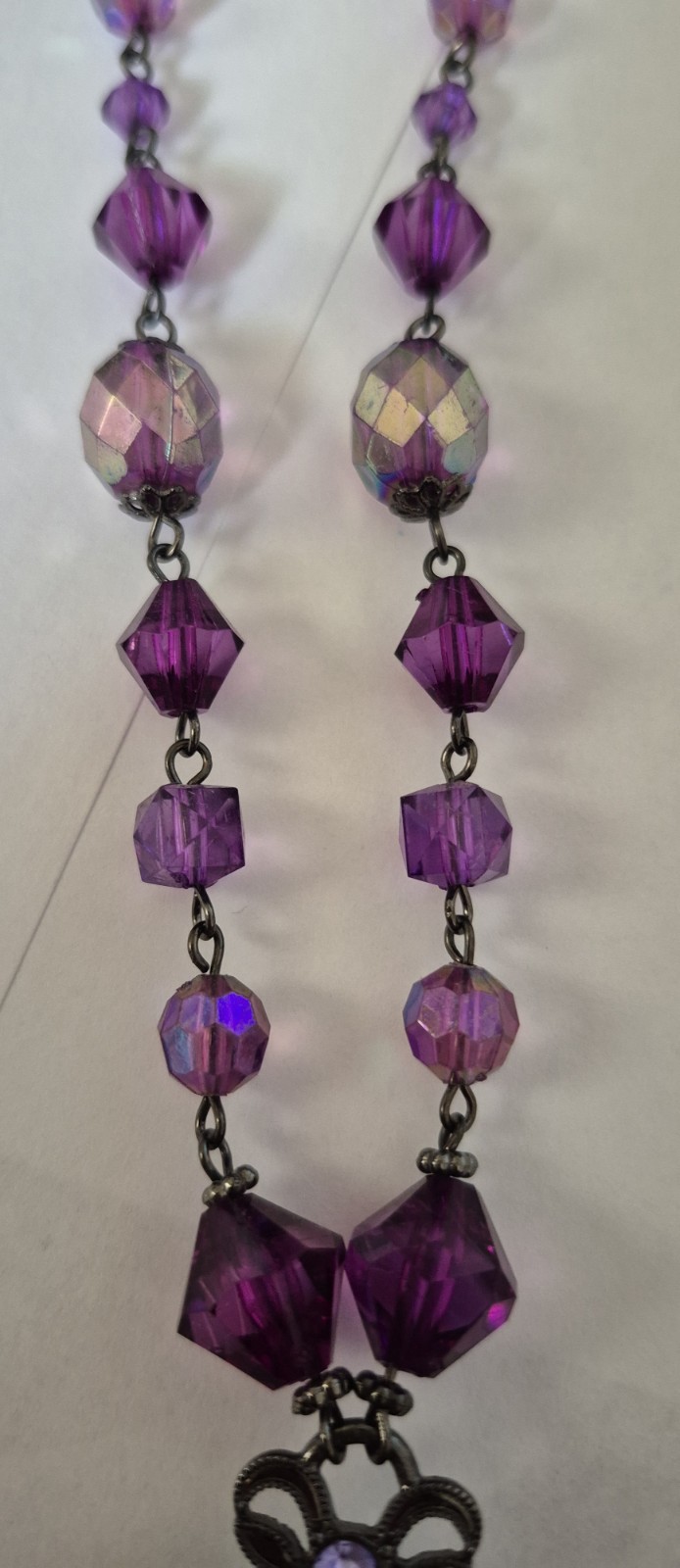 VTG Filigree Dangle Pendant Beaded Chain Purple Necklace 19″