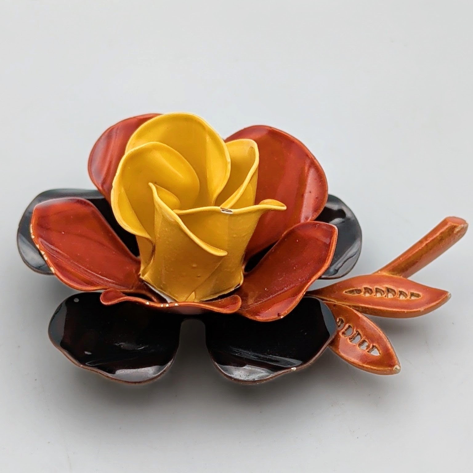 Vtg Yellow Rust Brown Enamel Flower Brooch Mod Pop Art 3D Floral Pin 1960s MCM