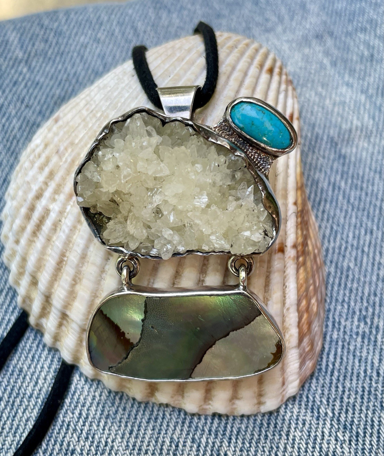 🎥Rock Crystal Rainbow Abalone Turquoise 2″ Pendant Brooch Mex Sterling Silver