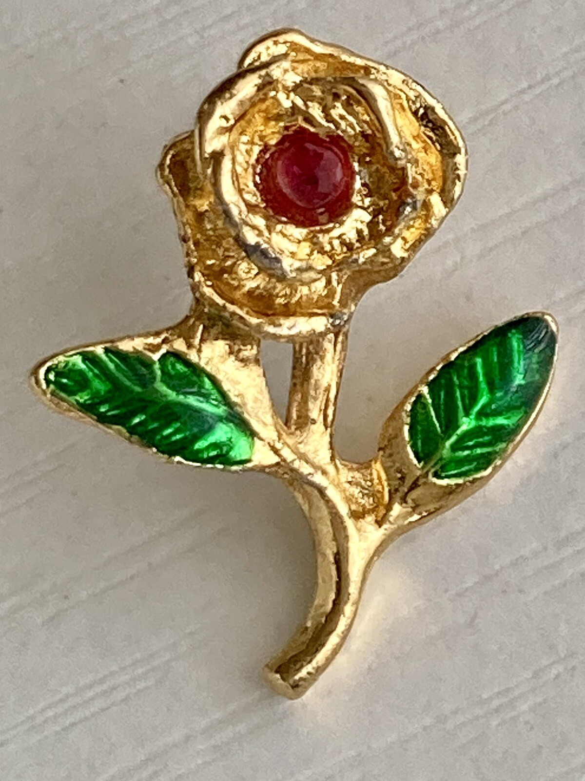 Vintage Rose Flower Lapel Pin Green Enamel Pink Spinel Gem Gold Tone 3/4in 3.3g