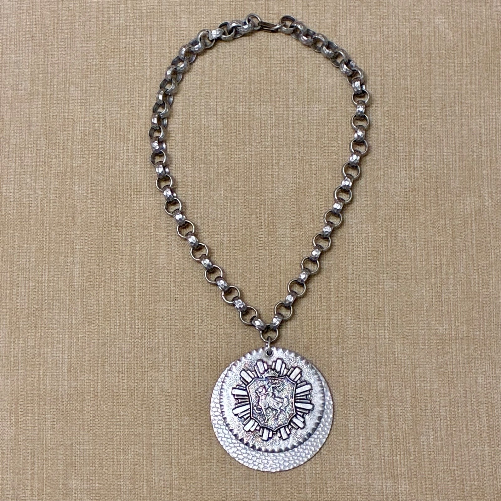 Vintage Aluminum Crest Pendant Necklace