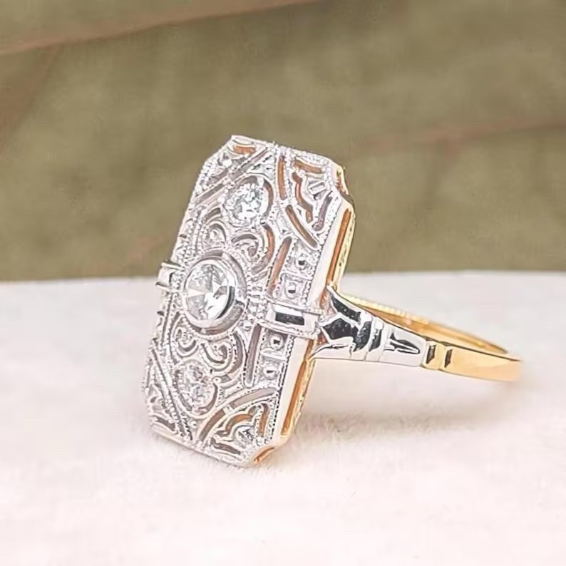 Edwardian 0.35 Ct Round Cut Moissanite Two-Tone Vintage Antique Tablet Ring