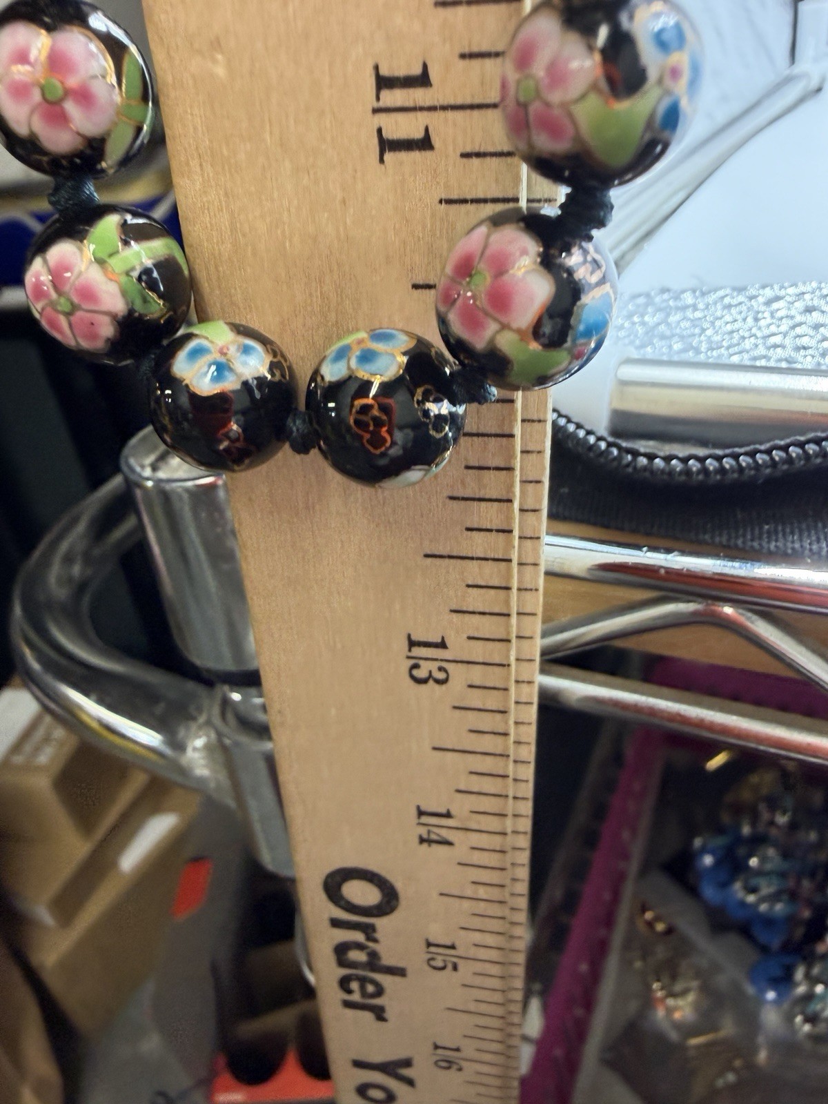 Vintage Necklace Chinese Export Black Round Floral Hand Knot 26 in 11mm