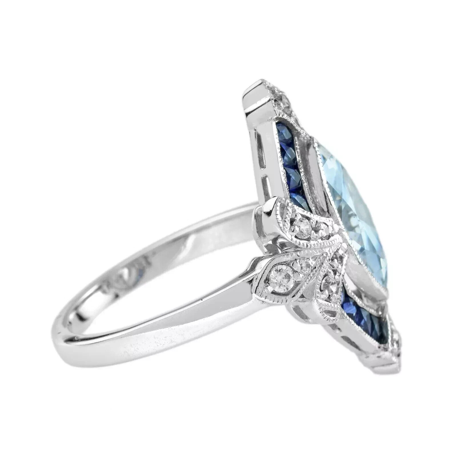 Art Deco Vintage Style 2.7Ct Aquamarine Lab Created Diamond Wedding Silver Ring
