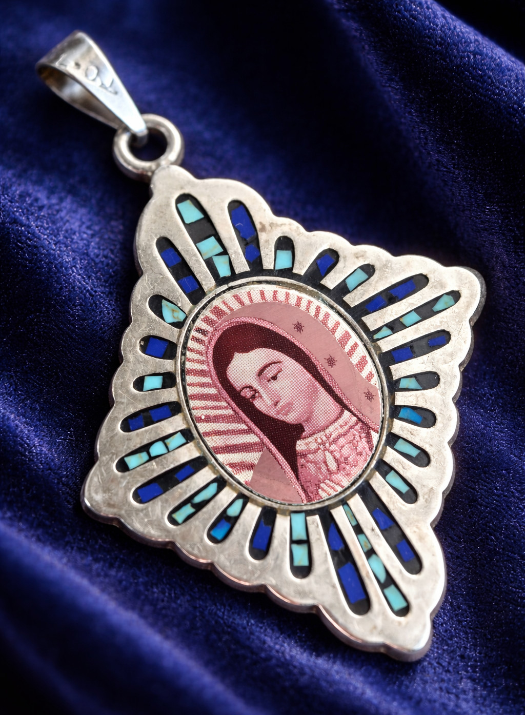 Large Sterling Silver Enamel Virgin Mary Pendant Blue Turquoise Religious Medal