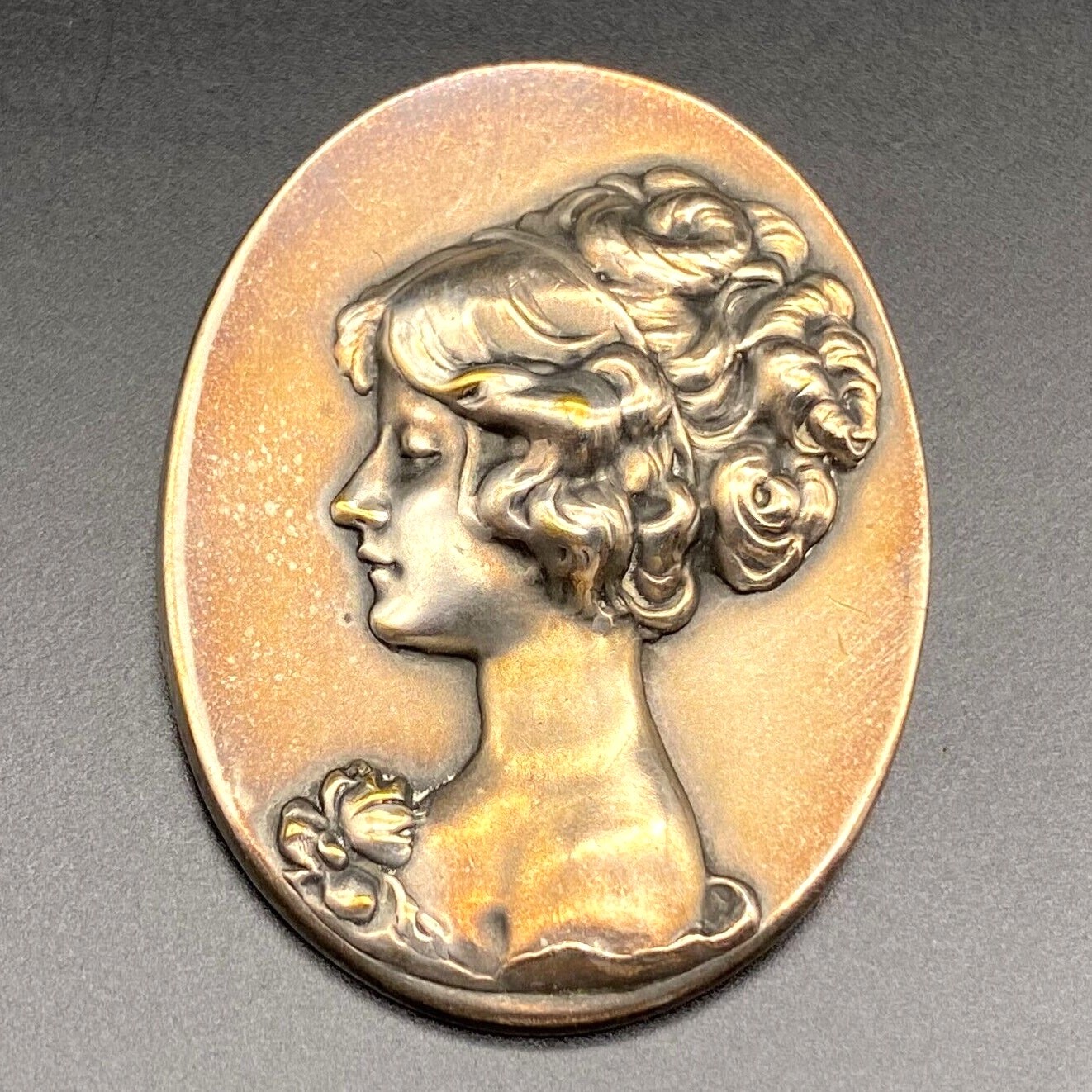 Vintage Art Nouveau Cameo Lady Portrait Oval Silver Pin Brooch