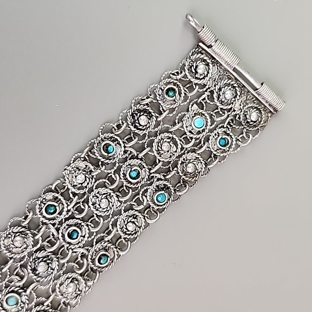 Vintage Cannetille Bracelet Blue Bead Silver Tone Chain Slide Clasp Filigree 6.5