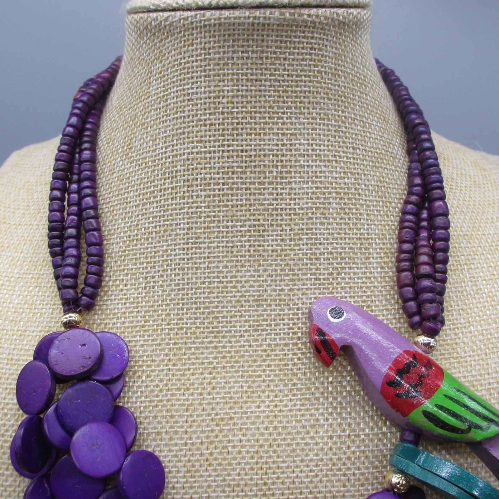 Vintage Parrot Necklace Wood Purple Discs Layered Bead Tropical Beachy 22 Inch