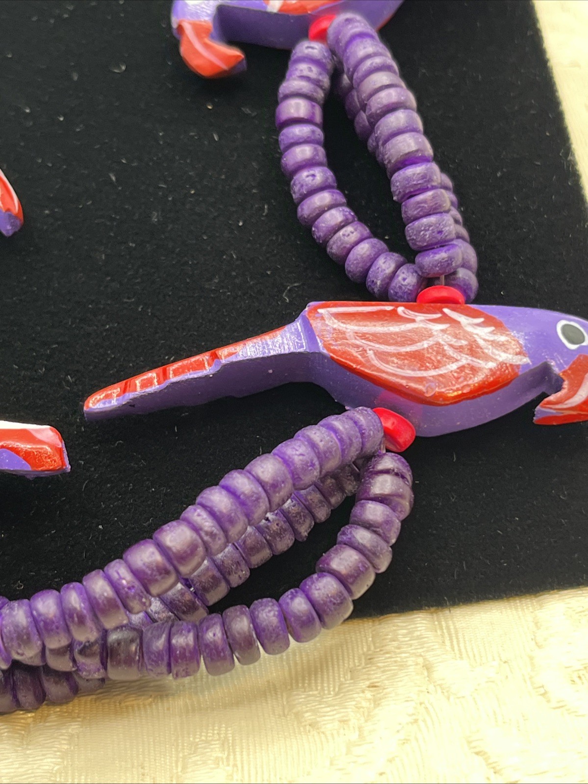 Tropical Tiki Parrot Necklace Wooden Carved Beads Colorful Birds Purple Earrings