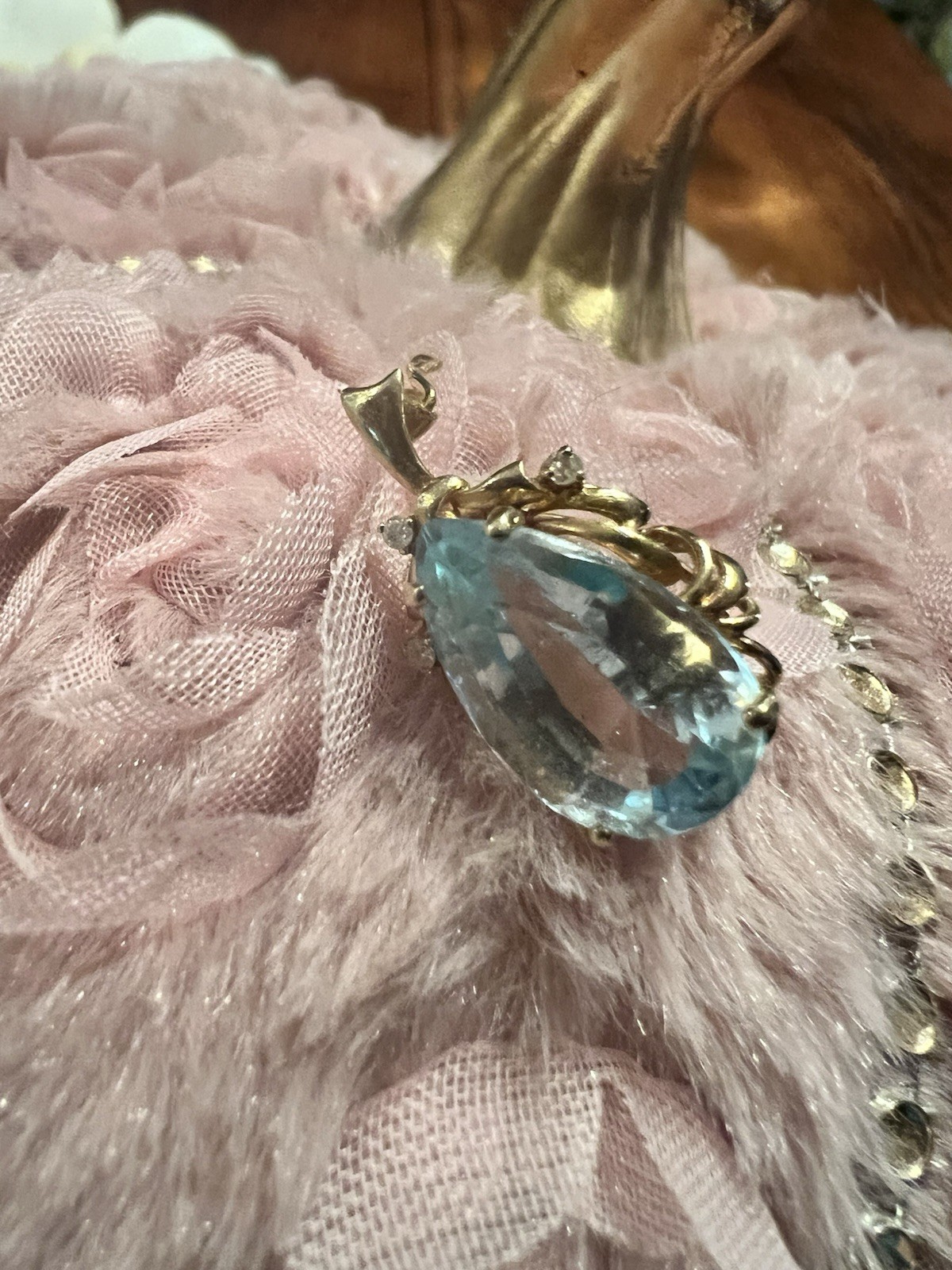 14k Yellow Gold Aquamarine Pear-Shaped Pendant Charm Fine Jewelry