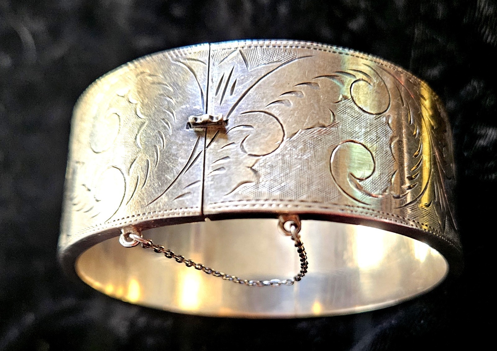 Antique Victorian Sterling Silver Engraved Scroll Bangle Bracelet 44g