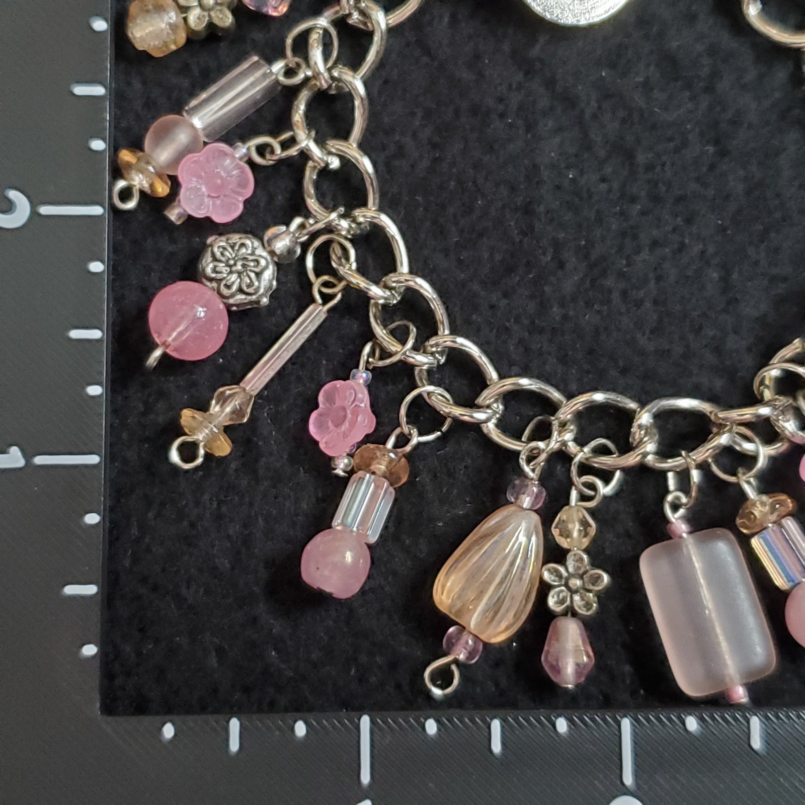 Charm Bracelet Silver Tone Pink Dangle Beads 6.5″