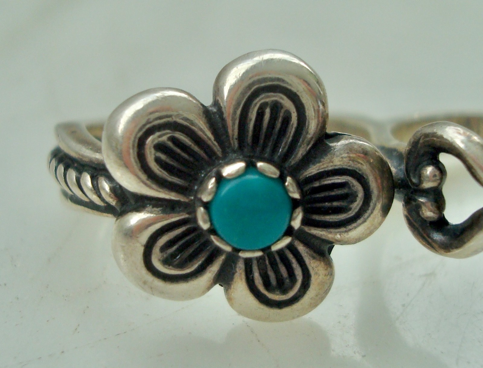 Vintage CAROLYN POLLACK STERLING Silver FLOWER Turquoise DOUBLE RING Size 9/7.5